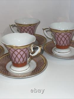 4 VTG MC Porcelain Demitasse Cup & Saucer Set Pink Gold Hollywood Regency MINT