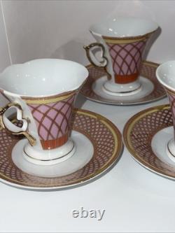 4 VTG MC Porcelain Demitasse Cup & Saucer Set Pink Gold Hollywood Regency MINT