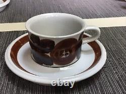 4 Vtg 1970s ARABIA FINLAND Signed Rosmarin Anemone Brown Demitasse Cups Saucers