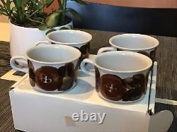 4 Vtg 1970s ARABIA FINLAND Signed Rosmarin Anemone Brown Demitasse Cups Saucers