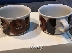 4 Vtg 1970s ARABIA FINLAND Signed Rosmarin Anemone Brown Demitasse Cups Saucers