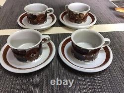 4 Vtg 1970s ARABIA FINLAND Signed Rosmarin Anemone Brown Demitasse Cups Saucers