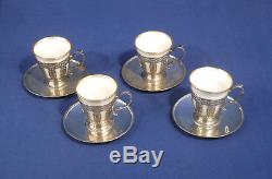 4 Vtg Antique Tiffany + Co. Sterling Silver Demitasse Cup + Saucers Lenox Liners