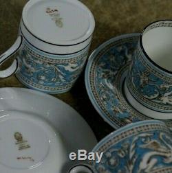 4 Wedgwood Bone China England Florentine Turquoise Demitasse Cup & Saucers W2714