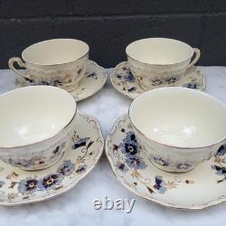 4 ZSOLNAY CORNFLOWER Demitasse TEA / COFFEE CUPS & SAUCERS HUNGARY BLUE WHITE