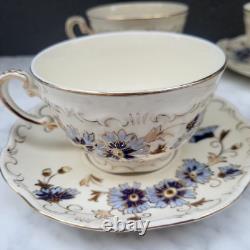 4 ZSOLNAY CORNFLOWER Demitasse TEA / COFFEE CUPS & SAUCERS HUNGARY BLUE WHITE