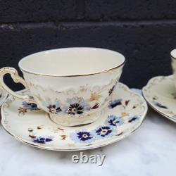 4 ZSOLNAY CORNFLOWER Demitasse TEA / COFFEE CUPS & SAUCERS HUNGARY BLUE WHITE