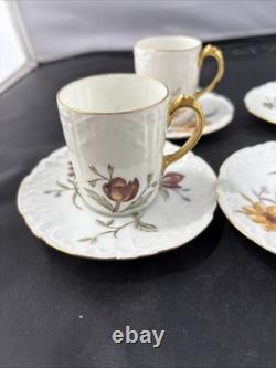5 Antique J Pouyat Limoges Floral with gold trim Demitasse Cups & Saucer Signed