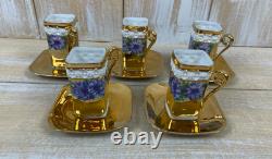5 Bone China Gold Encrusted Floral Square Demi-Tasse Cups & Saucers Germany