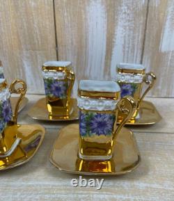 5 Bone China Gold Encrusted Floral Square Demi-Tasse Cups & Saucers Germany