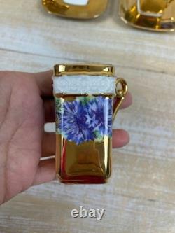 5 Bone China Gold Encrusted Floral Square Demi-Tasse Cups & Saucers Germany