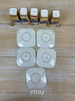 5 Bone China Gold Encrusted Floral Square Demi-Tasse Cups & Saucers Germany