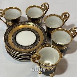 5 Demitasse Cup & Saucer Sets VTG RW Bavaria Germany Gold Black Greek Key READ