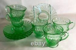 5 Duncan & Miller Green Spiral Flutes Demitasse Cups And Saucers