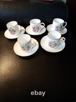 5 ROYAL WORCESTER ENGLAND FINE BONE CHINA DEMITASSE CUPS & SAUCERS Excellent