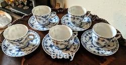 5 Royal Copenhagen Blue Fluted Half Lace Demitasse Cups Saucers # 528