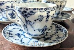 5 Royal Copenhagen Blue Fluted Half Lace Demitasse Cups Saucers # 528