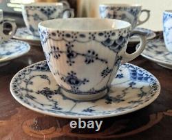 5 Royal Copenhagen Blue Fluted Half Lace Demitasse Cups Saucers # 528