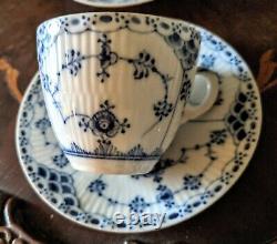 5 Royal Copenhagen Blue Fluted Half Lace Demitasse Cups Saucers # 528