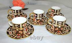 5 Royal Crown Derby Traditional Imari Flat Demitasse Cups & Saucers