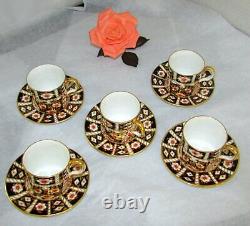 5 Royal Crown Derby Traditional Imari Flat Demitasse Cups & Saucers