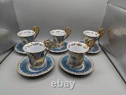 5 Vintage Dresden Blue & Gold Demitasse Cherub Cups & Saucers