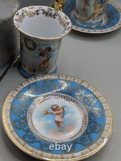 5 Vintage Dresden Blue & Gold Demitasse Cherub Cups & Saucers