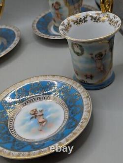 5 Vintage Dresden Blue & Gold Demitasse Cherub Cups & Saucers