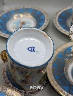 5 Vintage Dresden Blue & Gold Demitasse Cherub Cups & Saucers