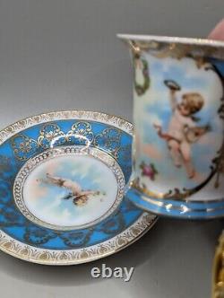 5 Vintage Dresden Blue & Gold Demitasse Cherub Cups & Saucers