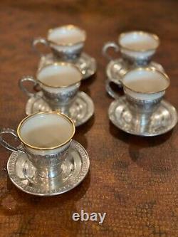 5 Vintage Sterling Silver Demitasse Cups and Saucers with Porcelain Inserts