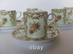 6 AYNSLEY PALE GREEN With FLORAL With GOLD ARCHES ESPRESSO DEMITASSE CUPS & SAUCERS