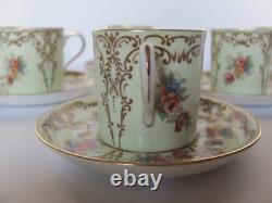 6 AYNSLEY PALE GREEN With FLORAL With GOLD ARCHES ESPRESSO DEMITASSE CUPS & SAUCERS