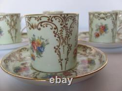 6 AYNSLEY PALE GREEN With FLORAL With GOLD ARCHES ESPRESSO DEMITASSE CUPS & SAUCERS