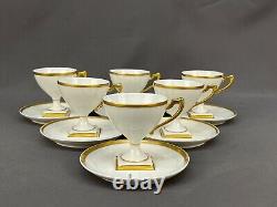 6 Antique Limoges Square Footed Demitasse Cup & Saucer Sets with Gilt Handle 1900