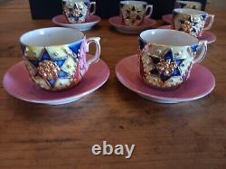 6 Antique Pink Lusterware Gild Star Demitasse Cups & Saucer Germany Stunning