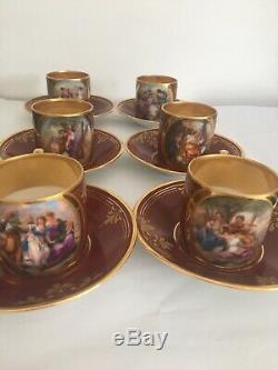 6 Austrian Royal Vienna Style Demitasse Coffee Cups Set Neoclassical Scenes