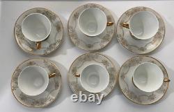 6 Expresso Demitasse Cups & Saucers White Gold Handle Trim Floral Design Japan