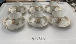 6 Expresso Demitasse Cups & Saucers White Gold Handle Trim Floral Design Japan