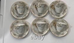 6 Expresso Demitasse Cups & Saucers White Gold Handle Trim Floral Design Japan