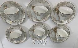 6 Expresso Demitasse Cups & Saucers White Gold Handle Trim Floral Design Japan