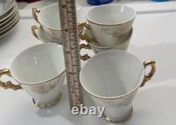 6 Expresso Demitasse Cups & Saucers White Gold Handle Trim Floral Design Japan