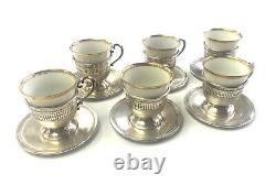 6 Fisher Sterling Demitasse Cups & Saucers with Hutschenreuther Selb Bavaria Liner