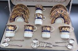 6 Hammersley & Co Fine Porcelain Blue & Gold Demitasse Cup & Saucer Boxed Set