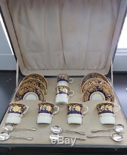 6 Hammersley & Co Fine Porcelain Blue & Gold Demitasse Cup & Saucer Boxed Set