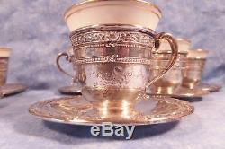 6 Lenox Antique Demitasse Cups W Sterling Holders & Sterling Saucers S mono