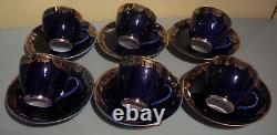 6 Lomonosov Gold Lace Imperial Porcelain Cobalt Blue Demitasse Cups & Saucers