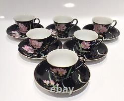 6 MCM Black Floral Tea Demitasse Cups & Saucers Made in Occupied Japan Rare