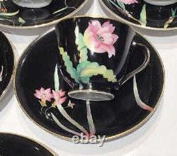 6 MCM Black Floral Tea Demitasse Cups & Saucers Made in Occupied Japan Rare