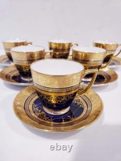 6 Minton H3965 Pattern Cobalt & Gold Encrusted Demitasse Cups & Saucers